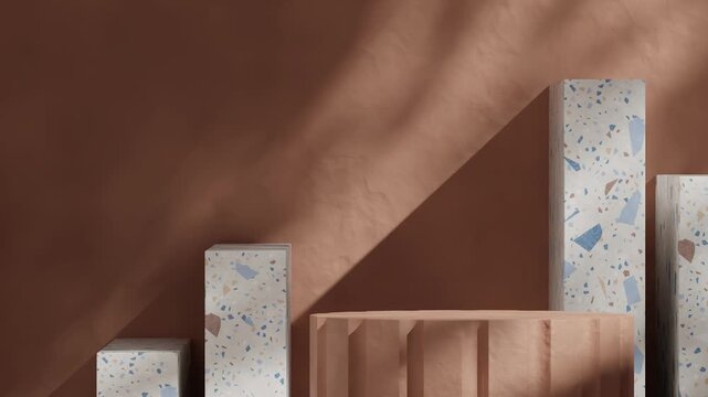 template mockup brown textured podium of with looping seamless shadow animation terrazzo blue pattern pillar wall, 3d video rendering
