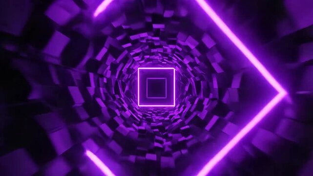 A futuristic tunnel with glowing purple neon square frames in a dark space