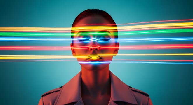 Horizontal light beams across woman eyes. Digital privacy and retinal scanning. Person with eyes closed under colorful laser light strips