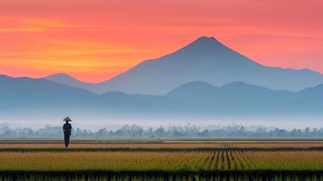 A solitary farmer wearing a conical hat walks across vibrant mist covered rice paddies during a colorful sunrise with layered mountains and a hazy horizon in the background