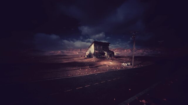 Moody cinematic roadside shack under thunderclouds, lamplight casting long shadows across wet highway while a detective stakeout scenario unfolds in silent