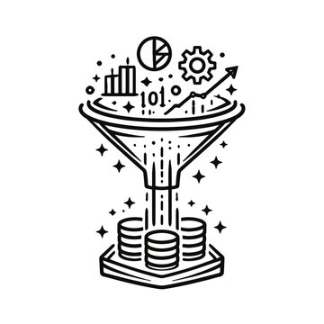 Conceptual line icon showing data funnel processing, from raw information through analytics and conversion, generating valuable business insights and financial growth