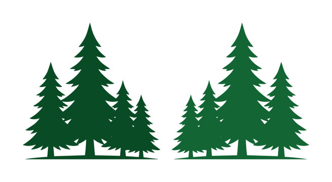 Evergreen pine tree silhouettes, dark green forest conifer vector set, minimalist spruce and fir tree clusters for outdoor adventure logos and nature branding