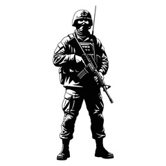 Fototapeta premium Soldier Standing Ready with Rifle, Military Uniform, Tactical Gear, Black and White Illustration