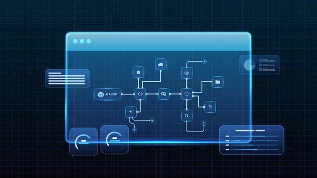 Futuristic AI automation workflow network diagram dashboard machine learning system processing flow with automation pipelines, analytics dashboards and automation system, looped animation