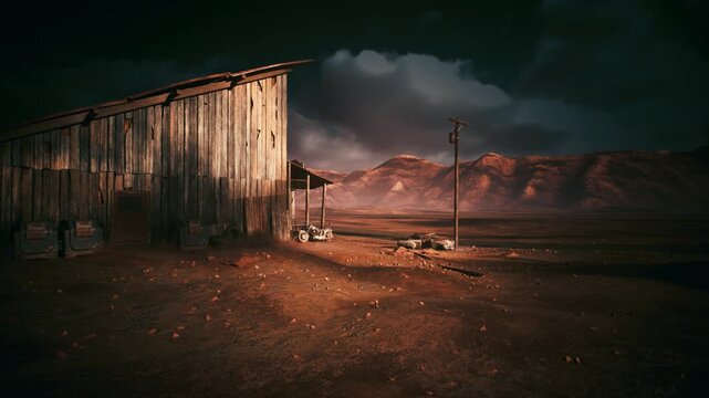 desert shack at dusk stormy clouds looming, weathered wooden siding, abandoned tools scattered on dirt foreground, distant mountains under ominous sky,
