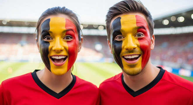 two football fans standing side by side, Belgium flag face paint on their faces, wearing plain red and black jerseys 