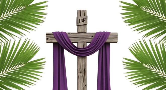 A wooden cross with purple cloth and palm leaves on a white background