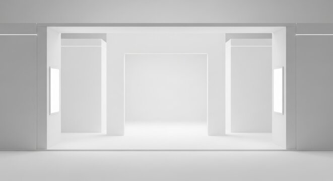 A minimalist, modern, and empty white architectural interior with symmetrical design and illuminated alcoves.