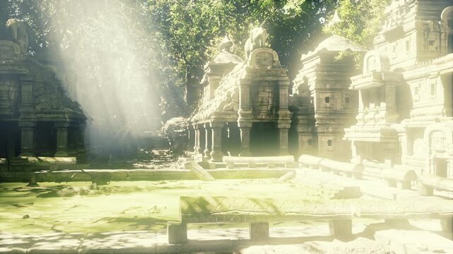 Sunlit ancient temple ruins, carved stone. Rays of golden sunlight pierce canopy, illuminating mosscovered steps, ornate basrelief and broken pillars