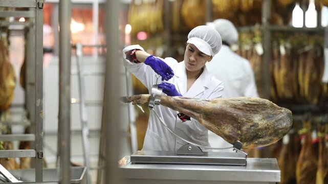 Final stage of production of Spanish meat delicacy is jamon. Woman factory worker places hamon in cutting device jamonero. Serving offer and sale of raw pork air-dried meat.
