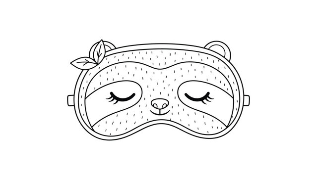 Charming line art illustration of a sloth themed sleep mask with closed eyes a peaceful expression and small leaves for a relaxed feel.