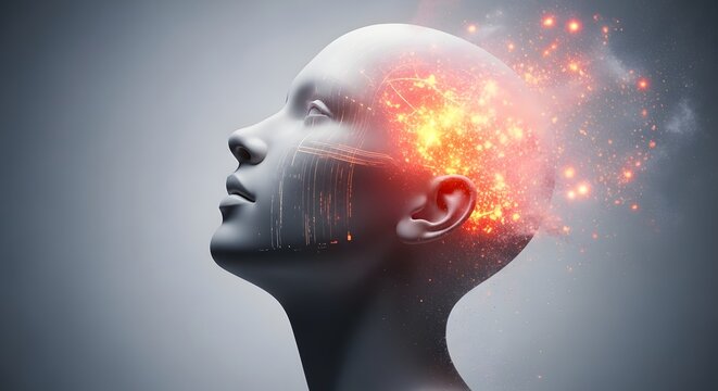 Humanoid head profile with glowing brain and sparkling energy. Creative thinking and artificial consciousness. Robot bust with orange light particles exploding from the mind area