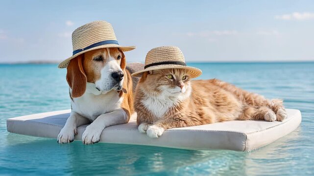 An adorable beagle dog and a fluffy ginger cat wearing summer hats float on a mat in the ocean.