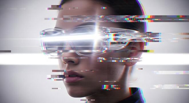 Virtual reality glitch and digital privacy concept. Augmented reality and facial recognition system. Woman wearing smart glasses with heavy digital static and light distortion