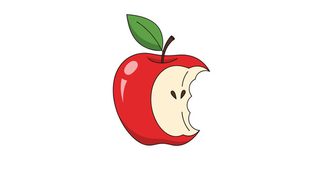 Ripe red apple with a bite taken out and a green leaf on stem in simple colorful cartoon illustration style.