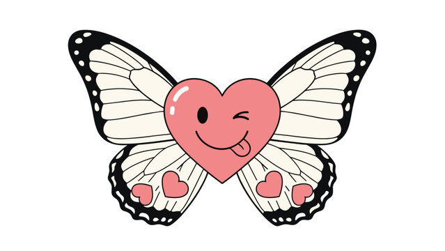 Beautiful butterfly with a winking heart face body and pink heart patterns on wings in cute cartoon style.