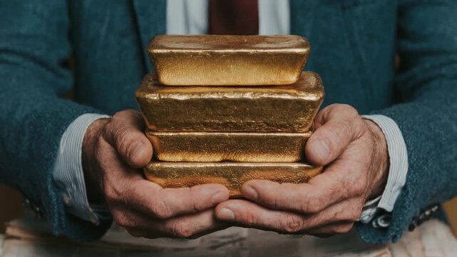 Hands presenting stack of gold bars over financial documents symbolizing wealth investment security and precious metal savings concept