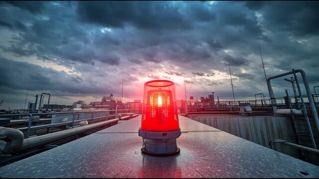emergency warning siren light flashing red on industrial building rooftop storm clouds cinematic wide angle