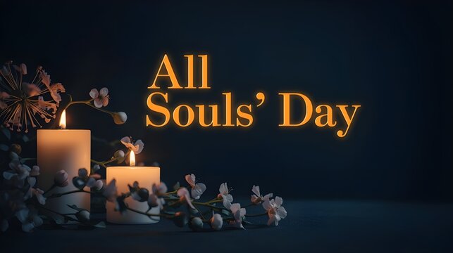 All Souls' Day Greeting with Glowing Candles and White Flowers on Dark Background
