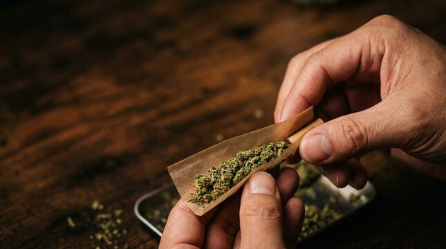 Man's hands rolling a cannabis joint with dried herb on a wooden table.