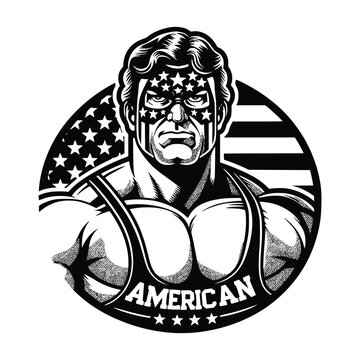 American Wrestler Mascot Vector Illustration with USA Flag and Strong Athletic Character Logo Design