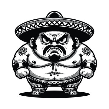Japanese Sumo Fighter Character in Mexican Sombrero Hat Line Art