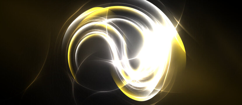 Bright golden energy swirls, forming abstract shapes. Light radiates from center, creating dynamic visual effect. Dark background emphasizes luminosity.