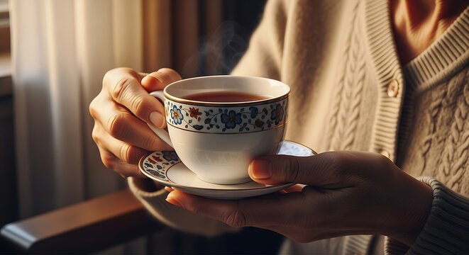 Warm hands cradle a steaming cup of herbal tea; embodying tranquil mor