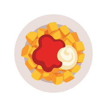 Spanish patatas bravas with sauces vector illustration, traditional tapas food icon