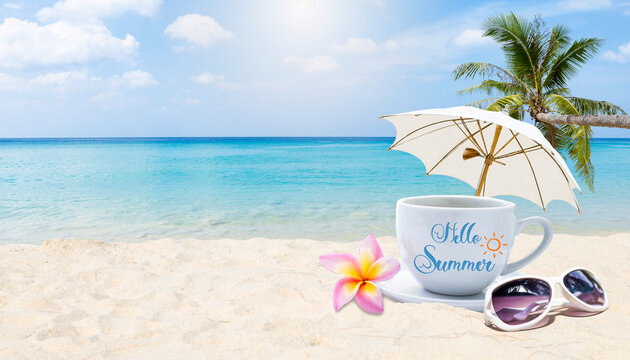 Hello summer with coffee cup and sunglasses over tropical beach background, summer season, relaxing by the sea, travel industry concept
