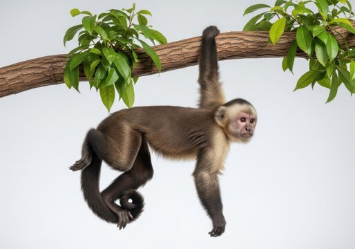 A capuchin monkey hanging from a tree branch