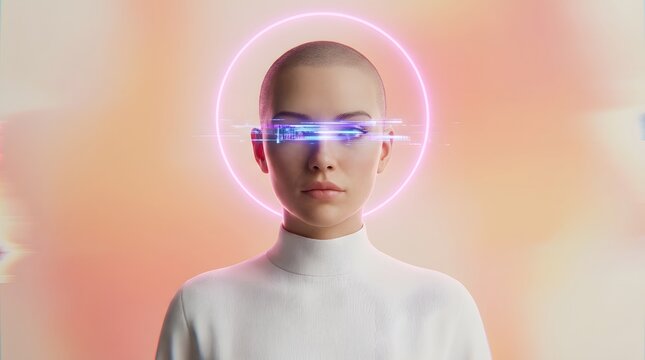 Identity verification and digital retinal scanning technology. Holographic data display and futuristic security. Portrait of a woman with glowing pink ring and light beam across eyes