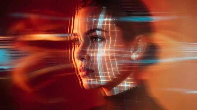 Facial recognition and biometric grid mapping. Digital persona and data privacy. Side profile of a woman with a glowing orange light grid projected onto her face in a dark space