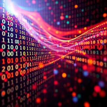 Abstract binary code forming a flowing stream of digital information, representing data transmission , binary,  sequence