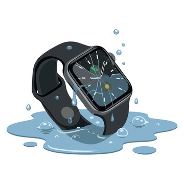 A broken smartwatch lies in a puddle of water with droplets around it