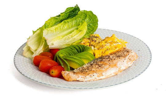 A High resolution 45MP photo of healty food salmon and omlet steak with vegetable on plate.