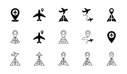 Air Travel and Navigation Icon Set with Airplane Symbols, Location Pins, Flight Routes, Airport Markers, and Map Navigation Elements for Tourism Design © MD