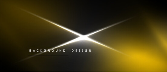 Naklejka premium Dark background features golden light flares, bright starburst effect. Text reads background design centered below illumination. Minimalist, modern aesthetic.