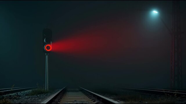 railway signal light glowing red in foggy night cinematic atmosphere dramatic lighting ultra realistic