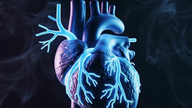Detailed view of cardiac blood vessels and blue glowing venous network 3D rendering