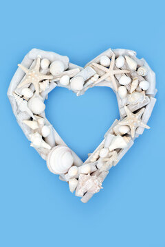 Heart shape white wreath decoration with sea shells. Romantic seaside rustic summer driftwood decor on blue background. Beach treasure symbol of love.