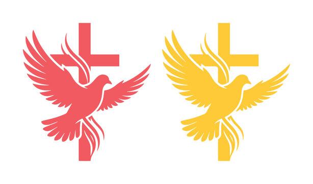 Christian cross with flying dove vector icons, religious holy spirit symbols in red and gold, church logo elements for spiritual design