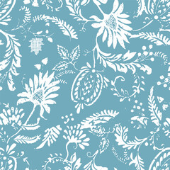 Fototapeta premium A seamless floral pattern design featuring white botanical silhouettes on a light blue background