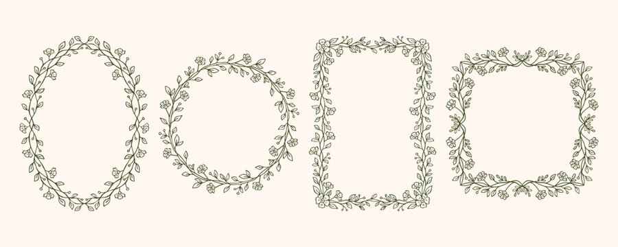 Floral whimsical hand-drawn vector frame set: oval, round, rectangular, and square outlines with leaves, branches, and small flowers. Perfect for invitations, cards, and branding