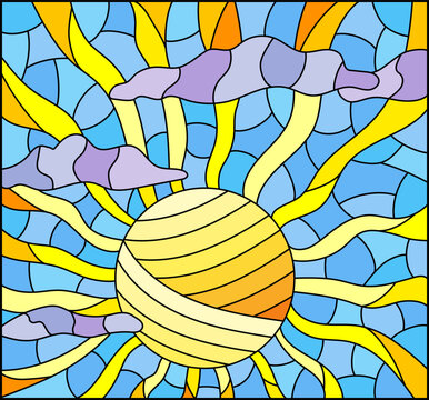 Stained glass style illustration with bright sun, clouds on the sky background
