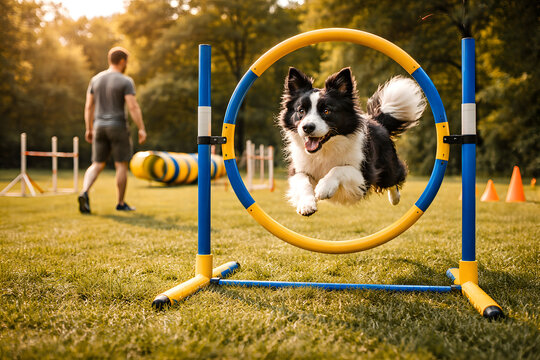Border collie jumping through agility hoop during dog training session