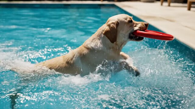 Dog enjoys water and frisbee in a swimming pool during daylight hours