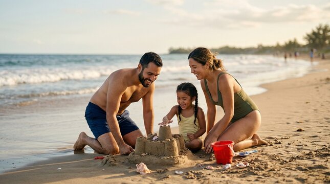 Happy Hispanic family building a sandcastle on a sunny beach during summer vacation.