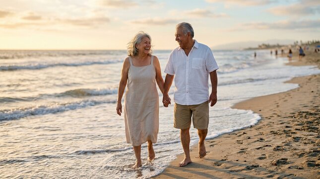 Happy senior Hispanic couple walking hand in hand on a sandy beach at sunset.